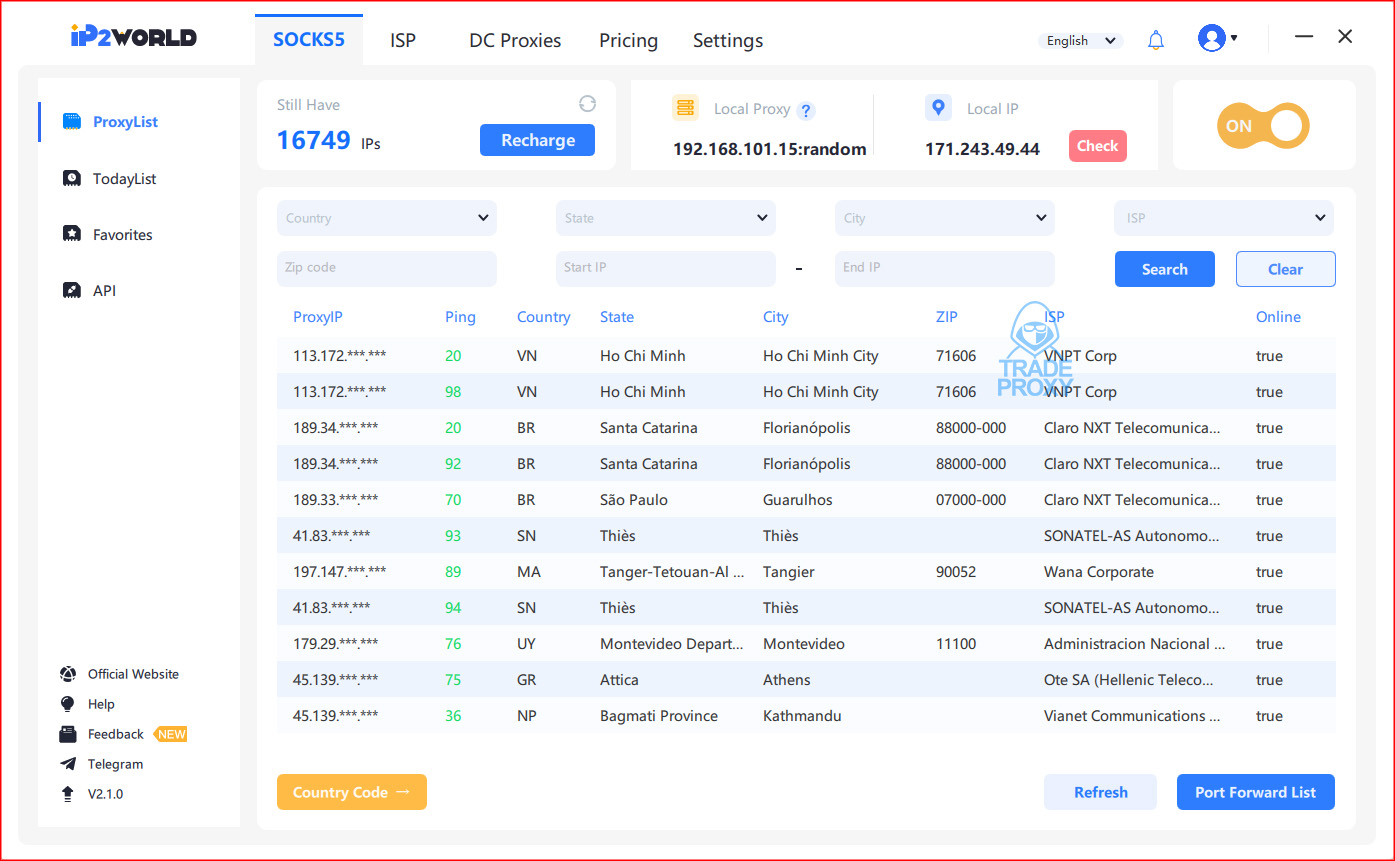 Giao diện phần mềm ip2world